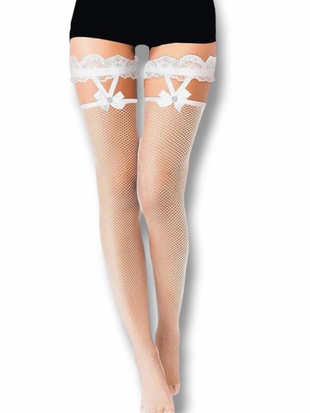 White Fishnet Thigh High Garter Stockings Tights Hosiery